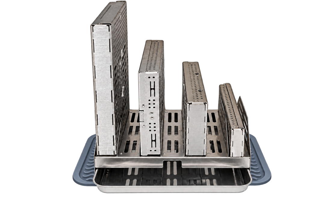 DriRak Cassette holding cassettes upright on its silicone mat