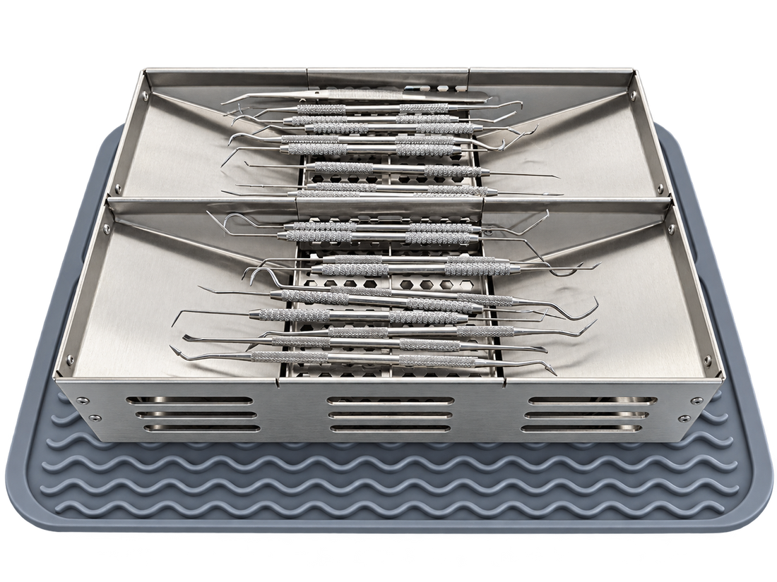 DriRak Instrument on its silicone mat with instruments resting across the rails