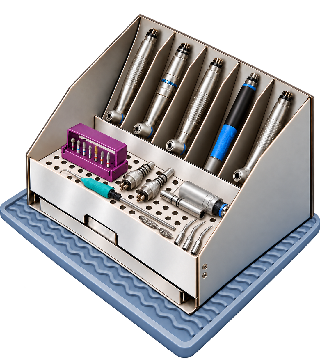 DriRak Handpiece rack holding handpieces upright, with a perforated tray for non oiled parts